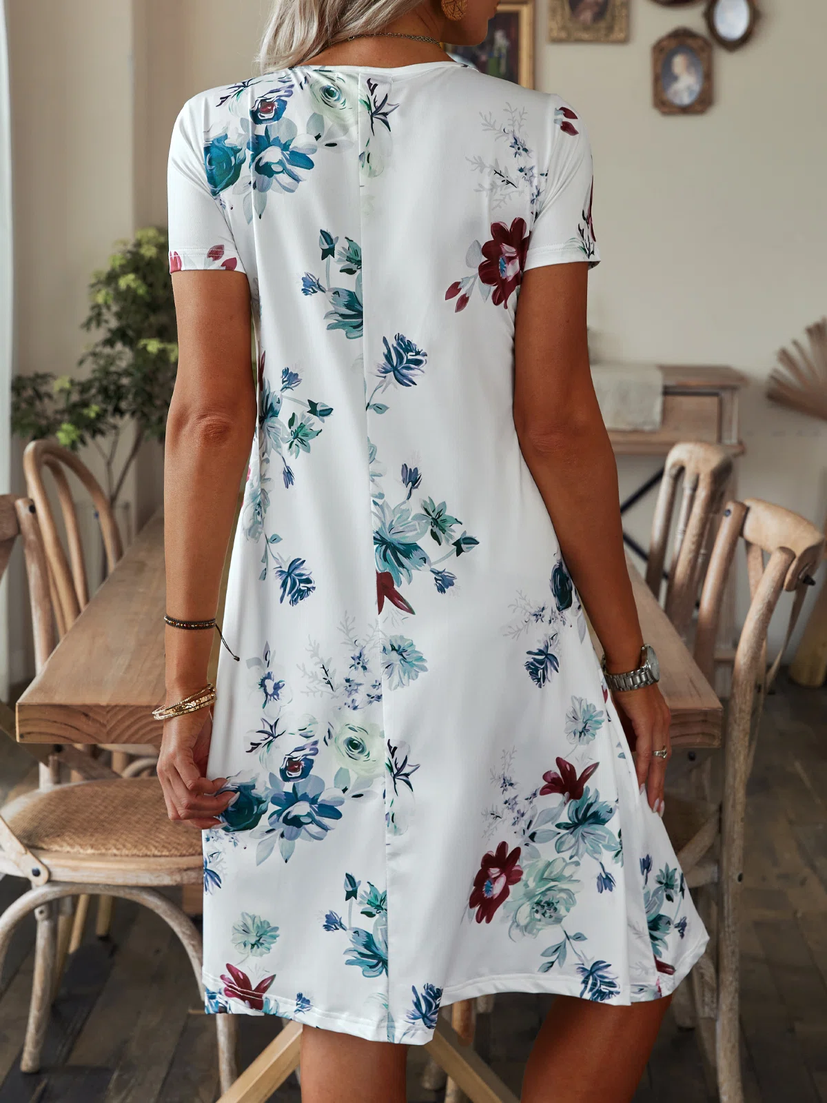 Boho Floral V neck Short Sleeve Knit Dress