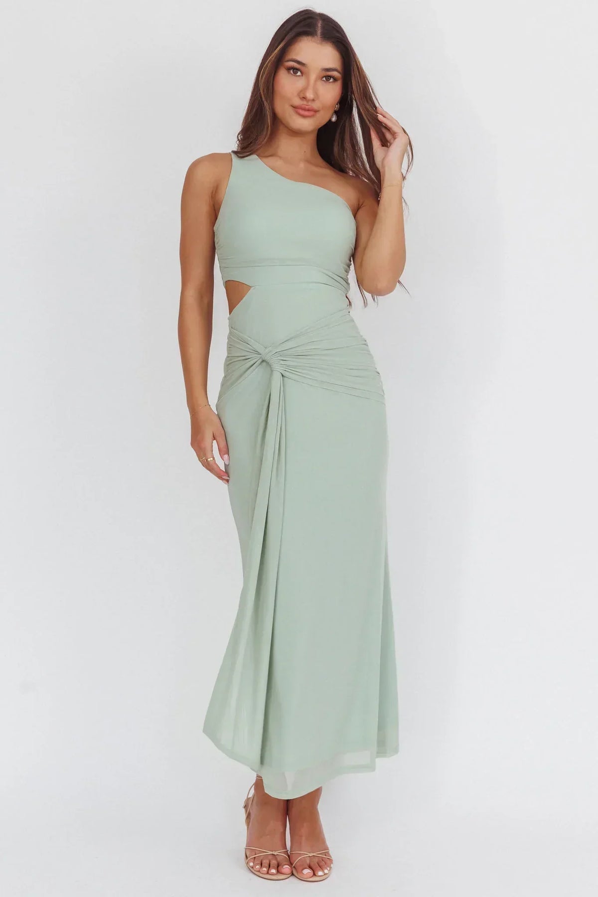 One Shoulder Side Cut Out Twist Front Mesh Midi Dress