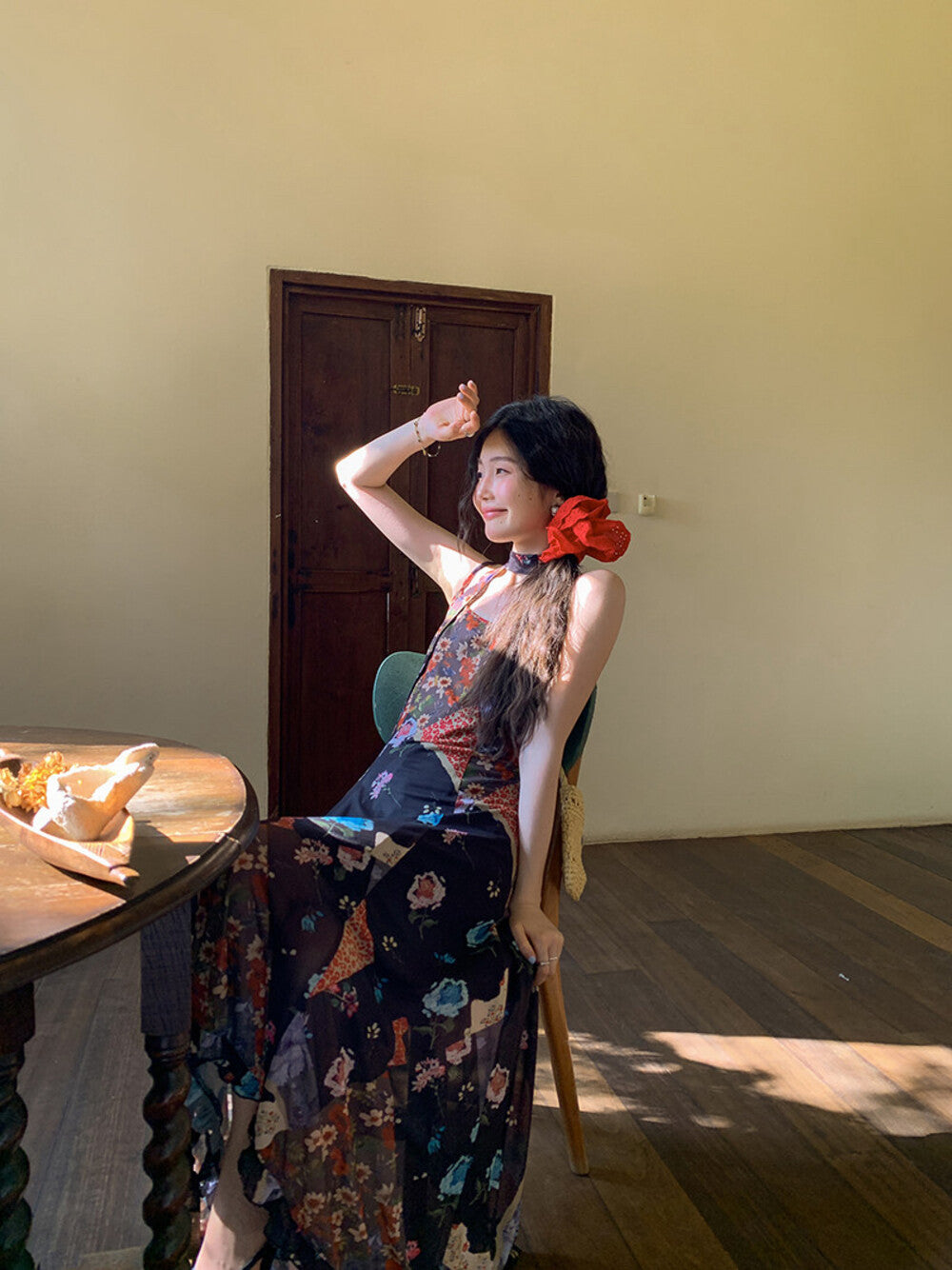 Floral Patchwork Spaghetti Strap Ruffle Maxi Dress 30