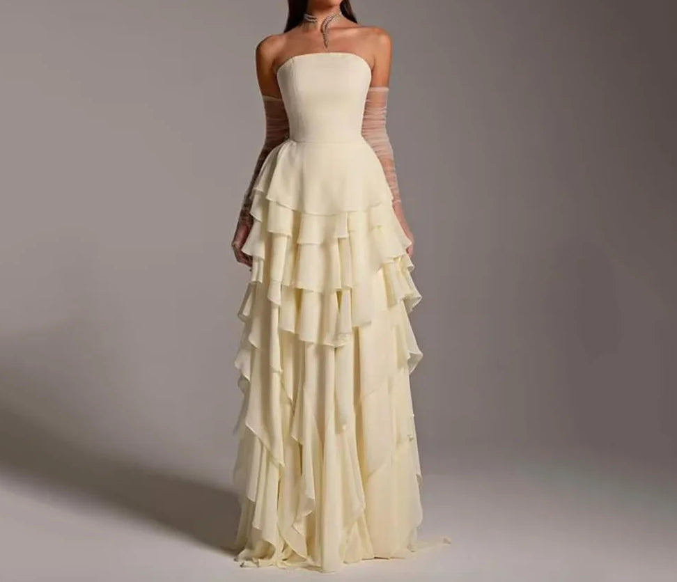 Chiffon Strapless Tiered Ruffle A-Line Maxi Prom Gown