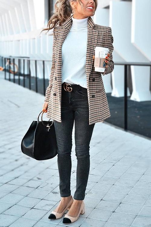 Plaid Button Long Sleeve Blazer