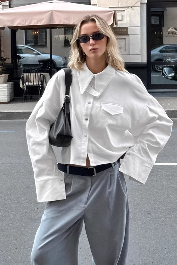 Layered Collar Flap Pocket Wide Cuff Oversized Cropped Shirt