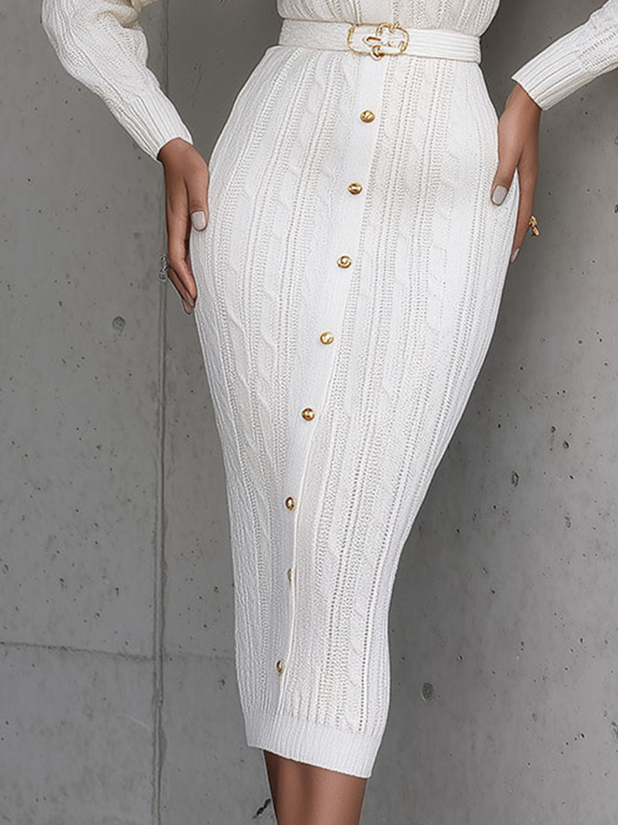 Elegant White Cable Knit Button-Down Belted Midi Dress
