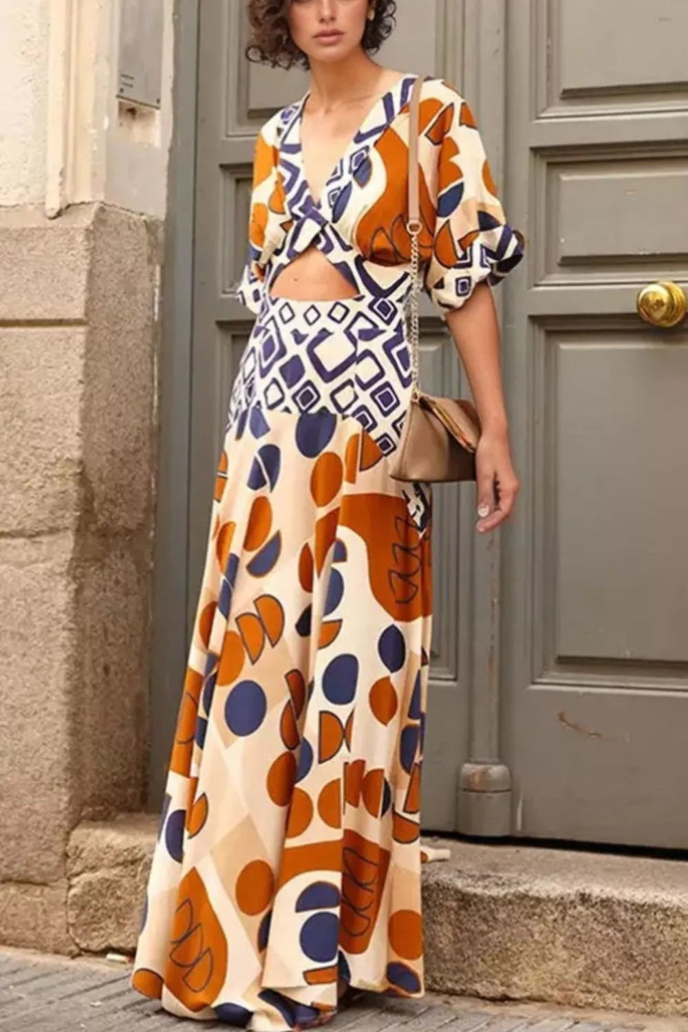 Geometric Print Wrap V-Neck Short Sleeve Cut Out Waist Maxi Dress 2