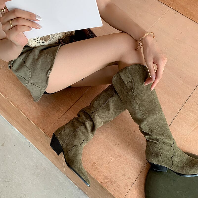 Womens Western Suede Knee High Boots Block Heel - Khaki/Black Cowgirl Boots All Genuine Leather