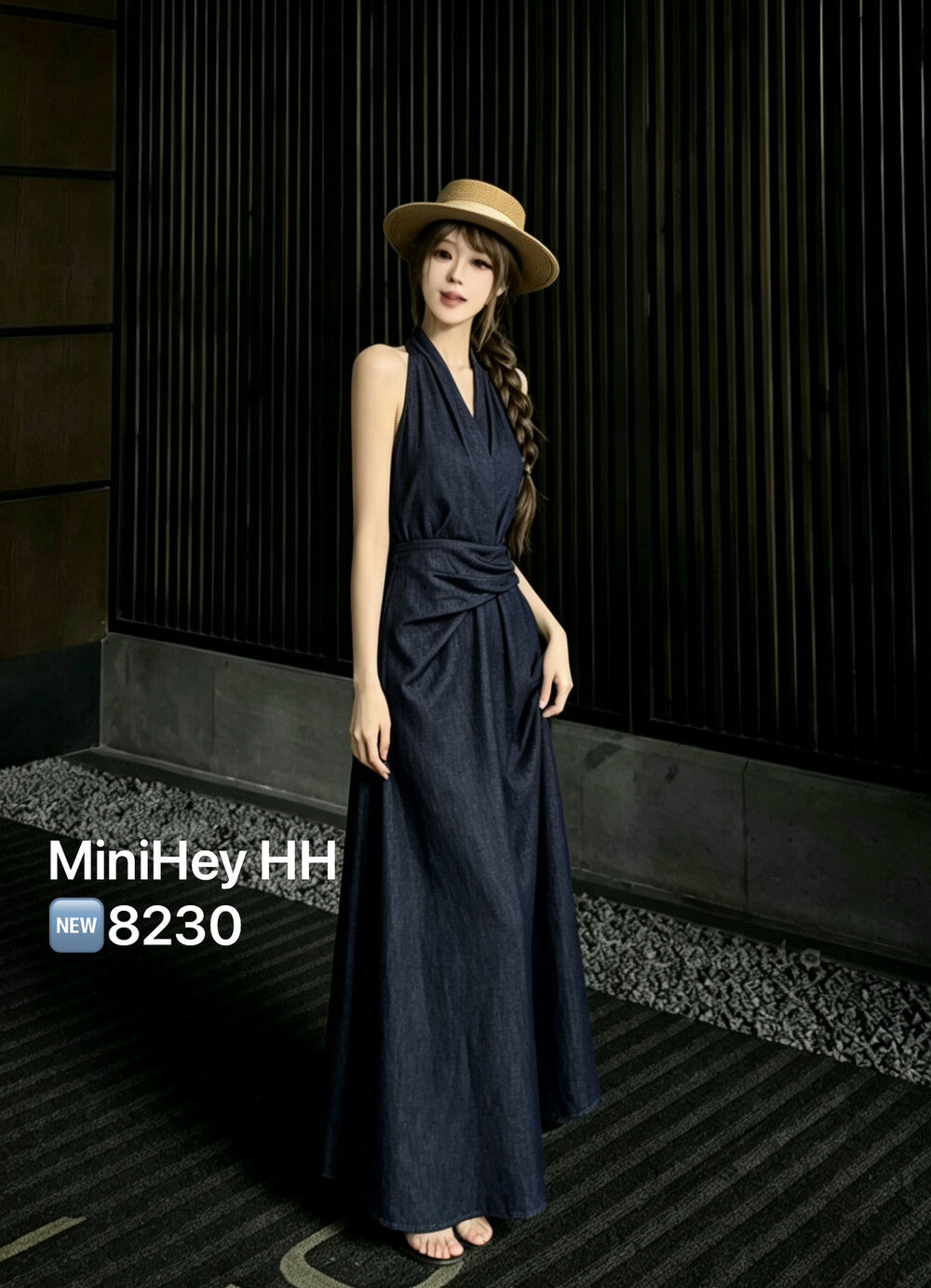 Denim Halter Neck Sleeveless Twist Waist Maxi Dress 3