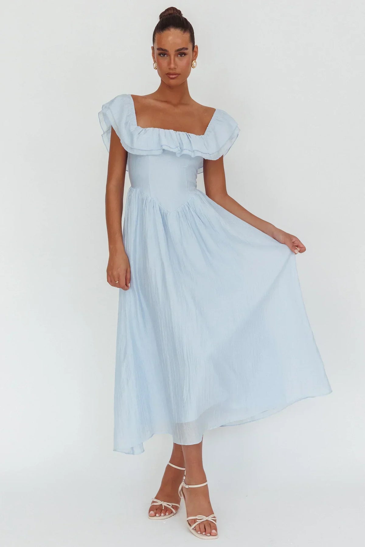 Square Neck Ruffle Sleeve Basque Waist Midi Dress