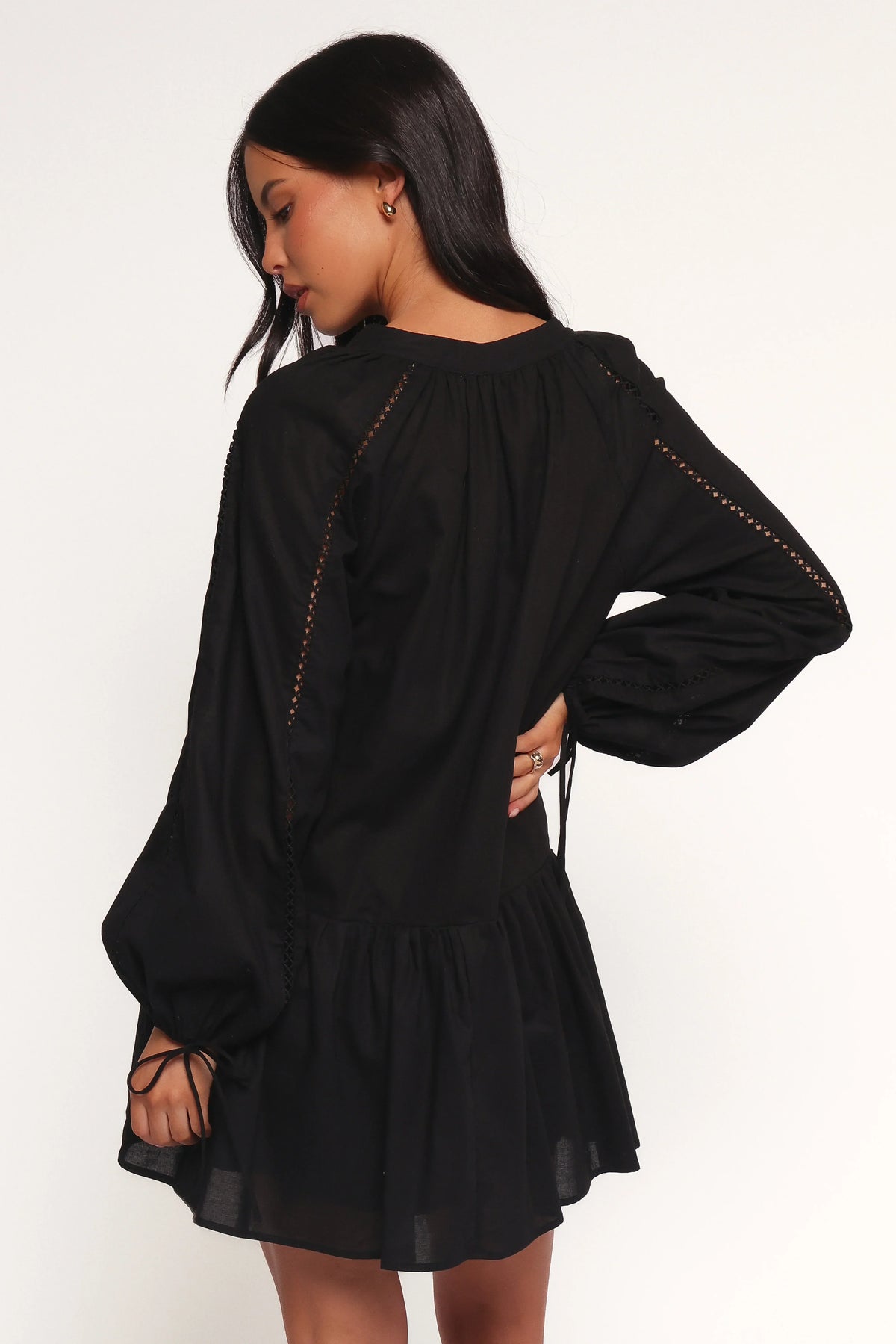 Button Front V-Neck Balloon Sleeve Tie Cuff Drop Waist Mini Dress 4