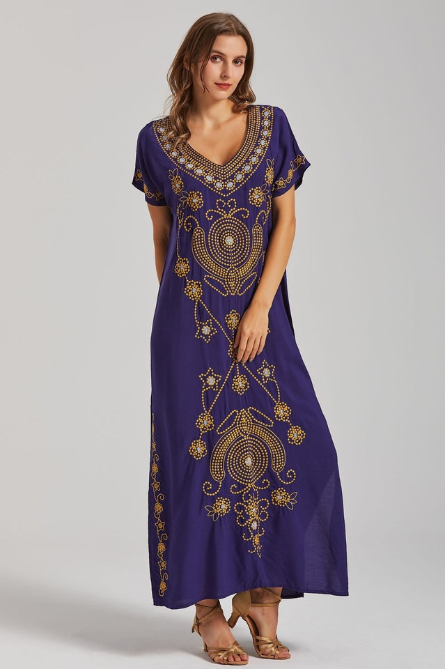 Embroidered V-Neck Short Sleeve Kaftan Maxi Dress 13