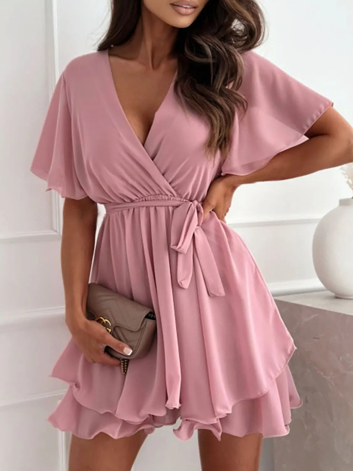 Surplice Flutter Sleeve Mini Dress Dusty Pink