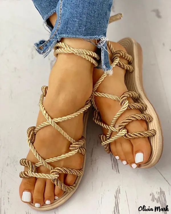 Knotted Lace-Up Sandals with Rope Design Flats