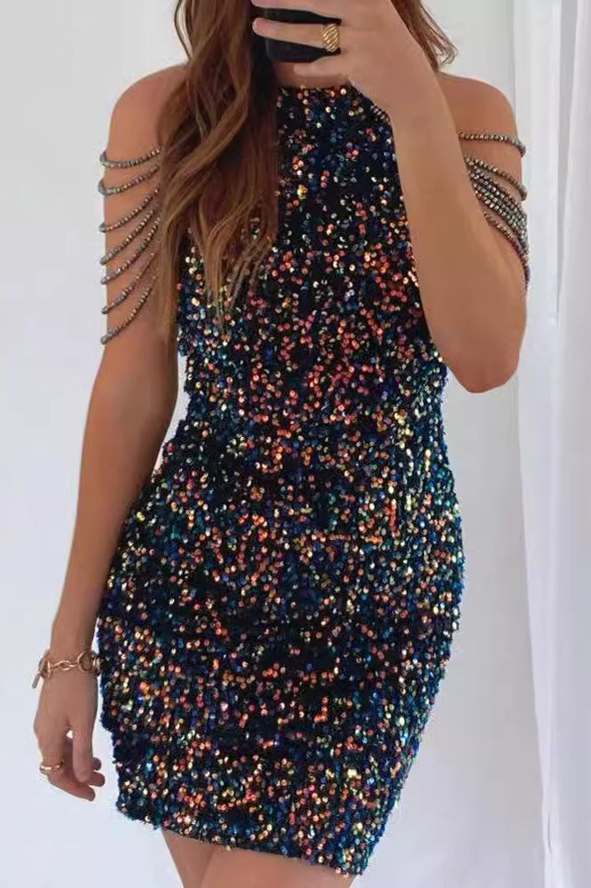 Crystal Fringe Halter Backless Bodycon Mini Cocktail Dress