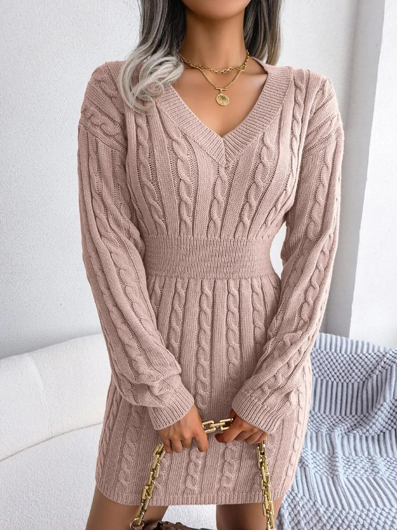 Cable Knit V-Neck Long Sleeve Sweater Mini Dress
