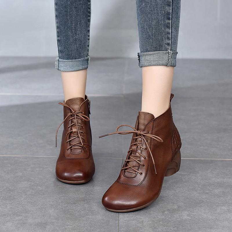 Genuine Leather 2021 New Ankle Shoes Women Boots Zip Round Toe Concise Retro Sewing Ladies Boots