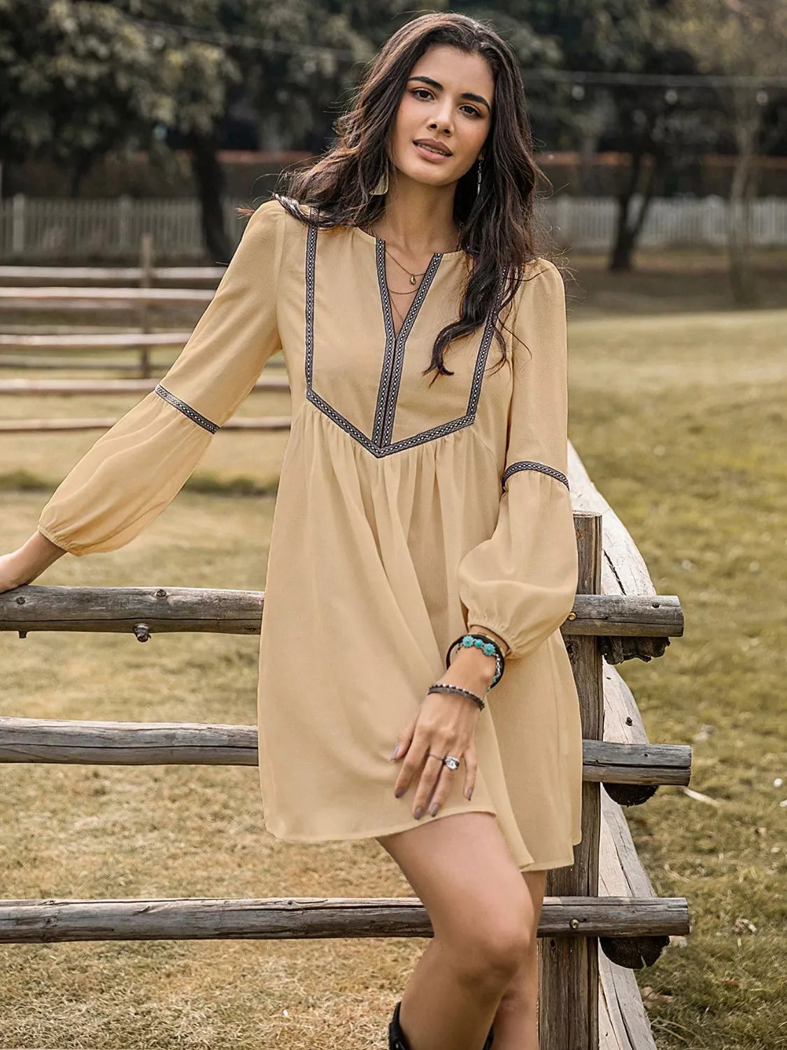 Embroidered Tape Trim Notch Neck Long Sleeve Smock Mini Dress 19