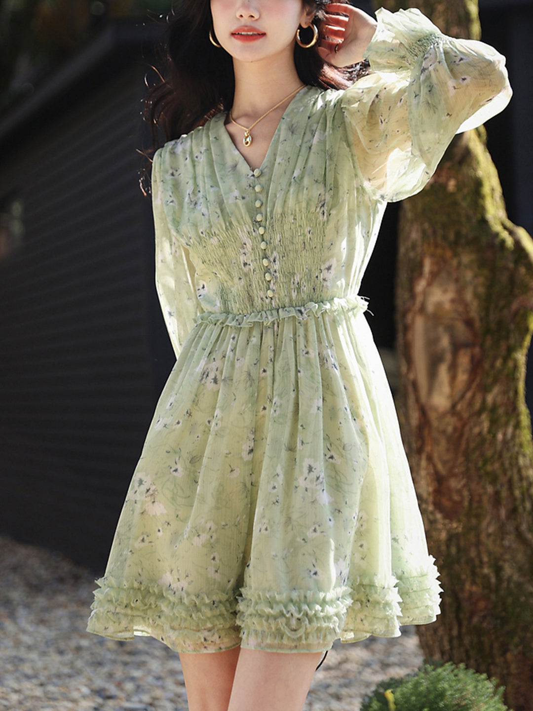 Floral Print V-Neck Button Front Smocked Waist Balloon Sleeve Ruffle Hem Mini Dress