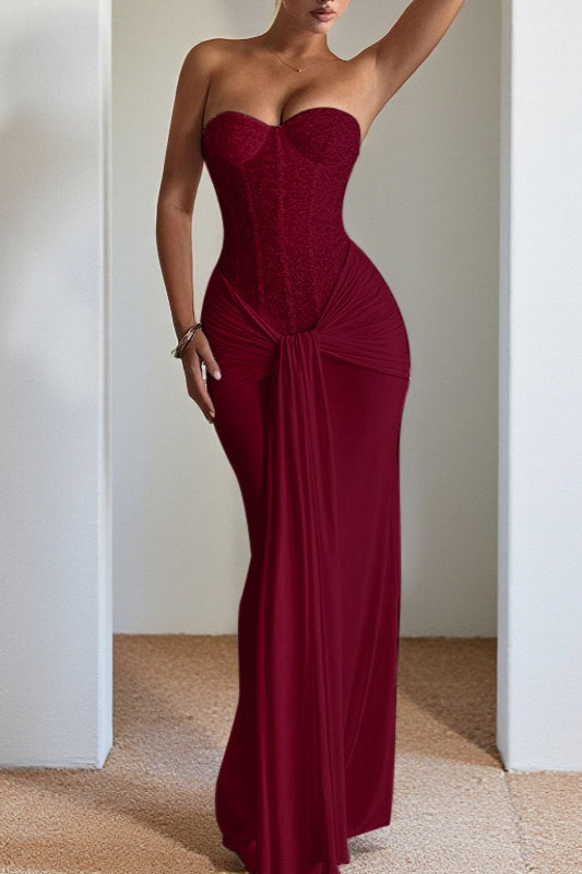Sequin Strapless Corset Ruched High Split Mermaid Maxi Dress