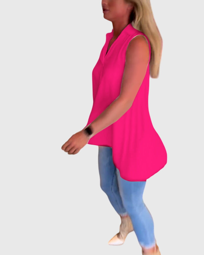 Collared Sleeveless High Low Blouse