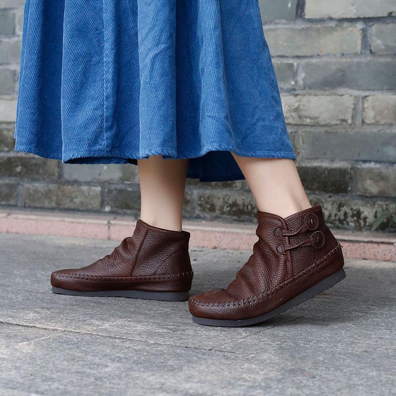 Retro Handmade Leather Ankle Booties For Women Low Heel Winter Casual Boots Yellow/Brown/Coffee