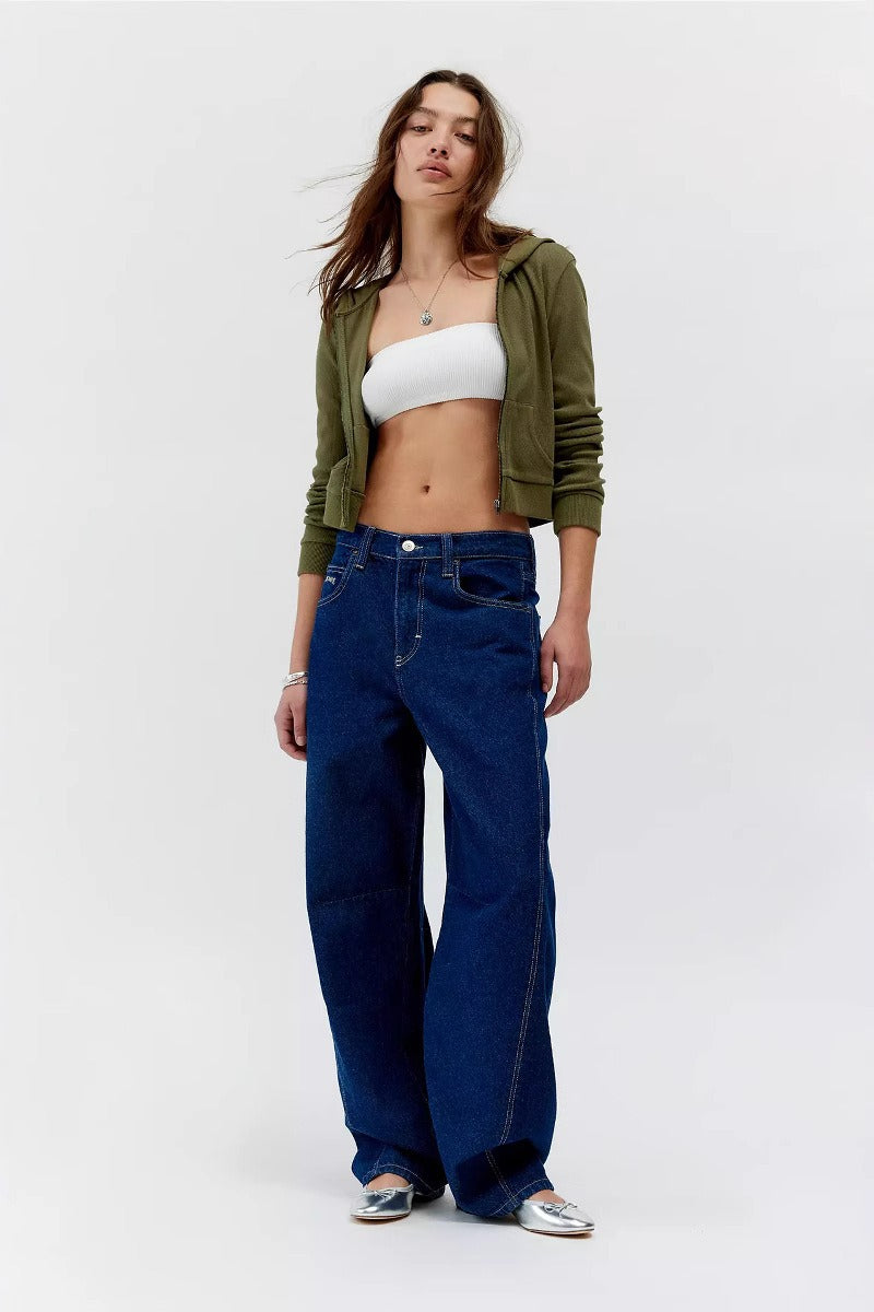 Low Rise Contrast Stitch Baggy Wide Leg Denim Jeans 2