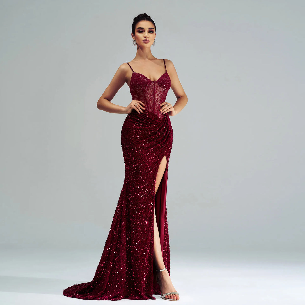 Sequin Sheer Lace Corset Bodice Spaghetti Strap High Split Maxi Dress 8