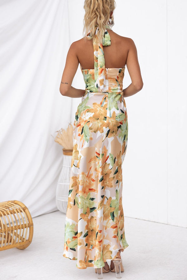 Satin Floral Halter Neck Backless Maxi Dress