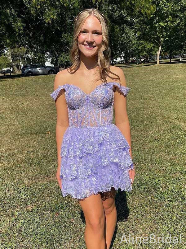 Lace Off Shoulder Sheer Corset Tiered Ruffle Mini Homecoming Dress