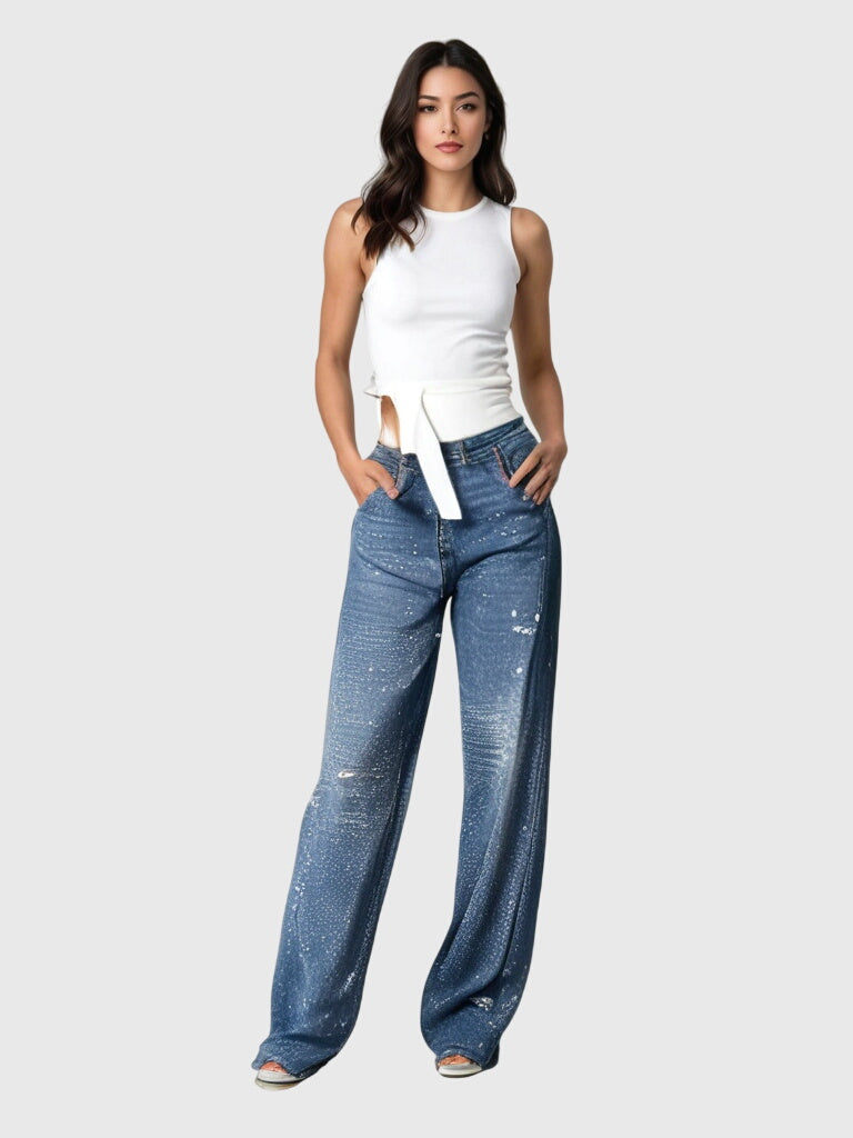Rhinestone Embellished Wide Leg Cargo Jeans