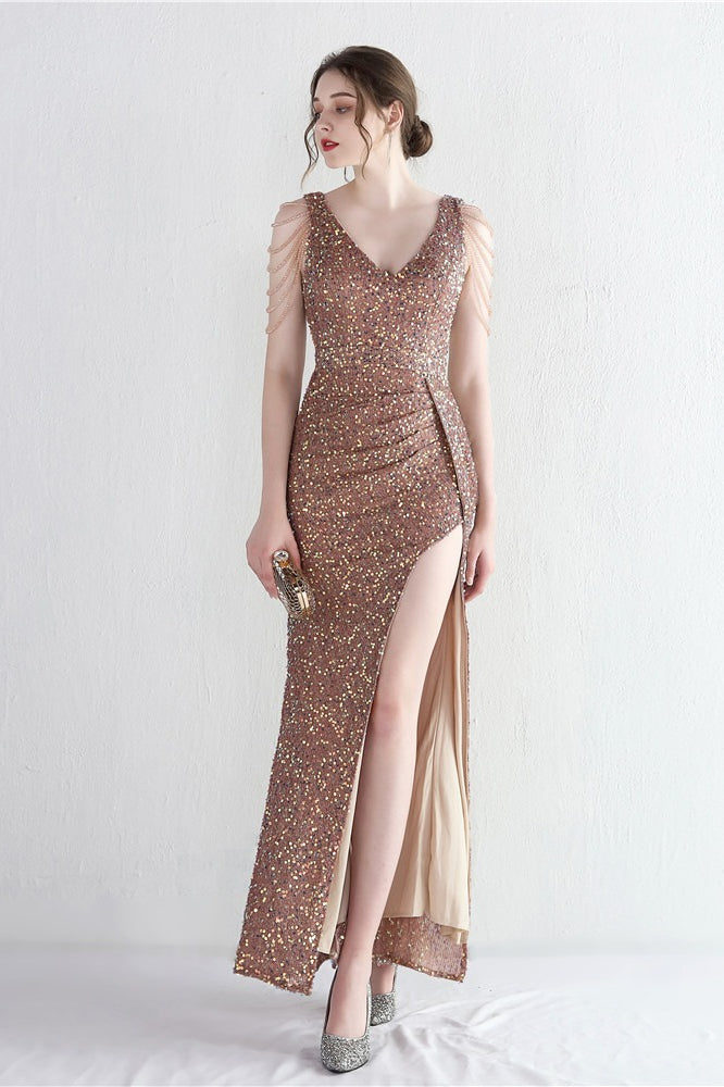 Sequin V-Neck Beaded Fringe High Split Mermaid Gown