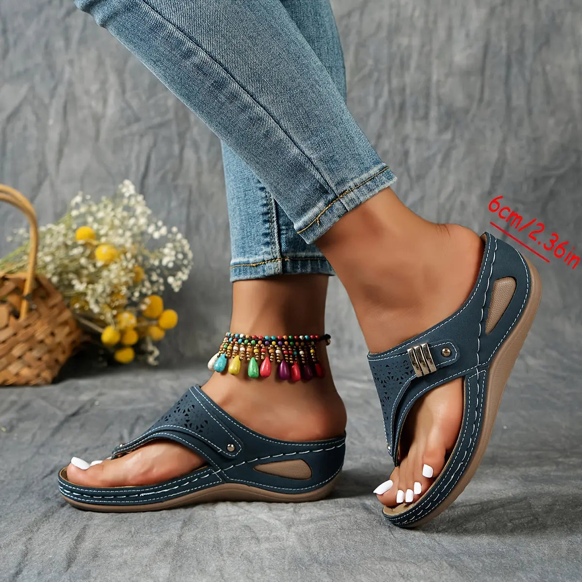 Cut Out Floral Thong Wedge Sandals