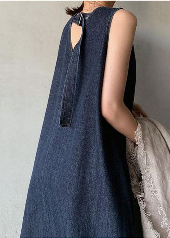 Denim Sleeveless Deep V-Neck A-Line Maxi Dress