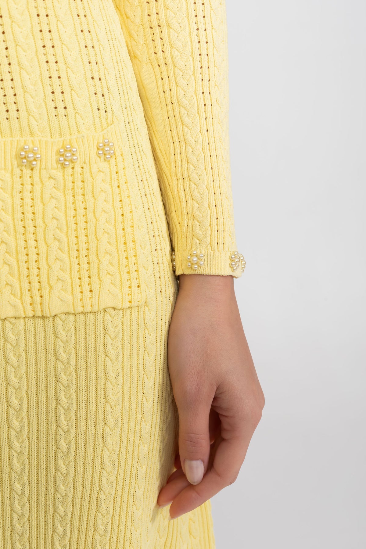 Ribbed Pointelle Pearl Button Cropped Cardigan Sleeveless Midi Dress Two-Piece Set - View 12