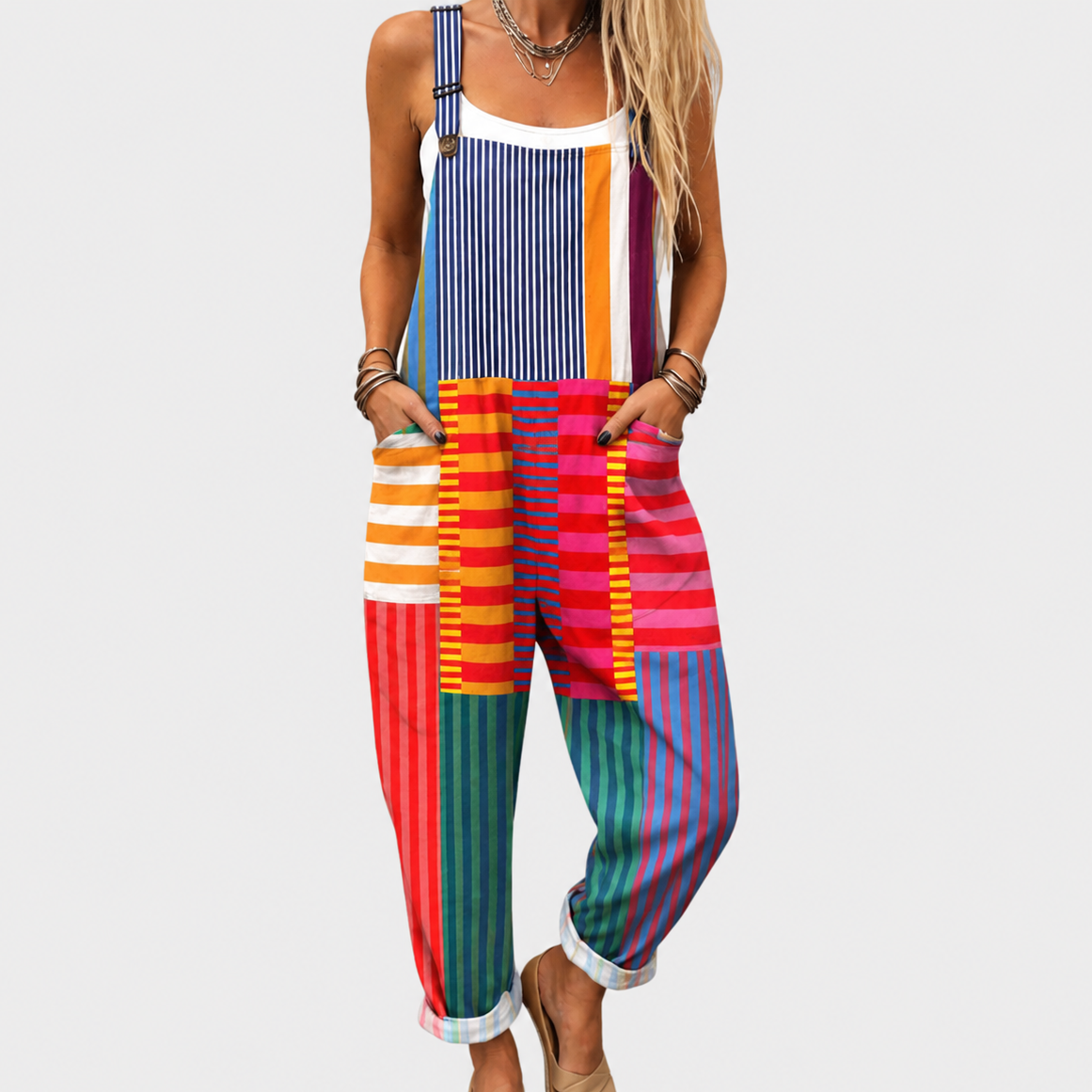 Patchwork Striped Adjustable Strap Pocket Overall Jumpsuit