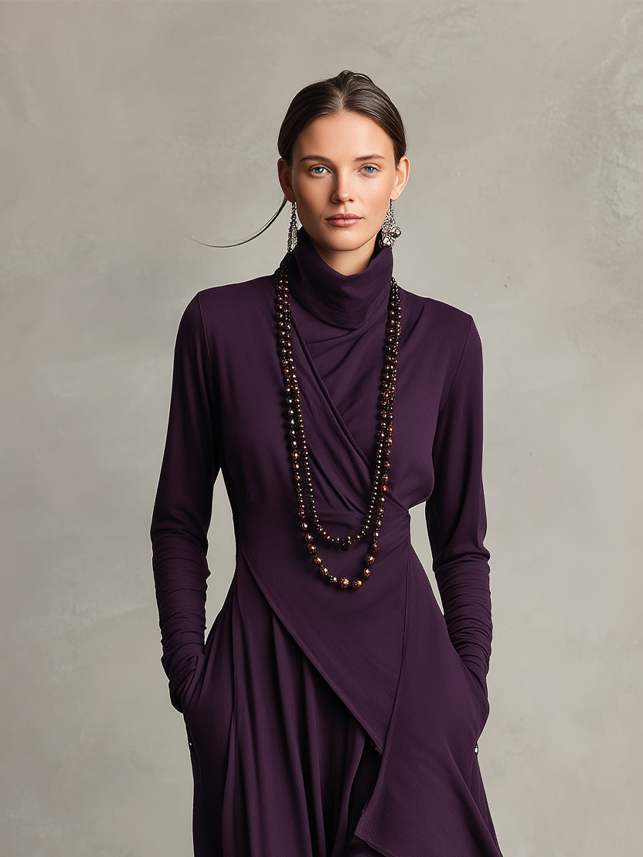 High Neck Long Sleeve Draped Maxi Dress 2
