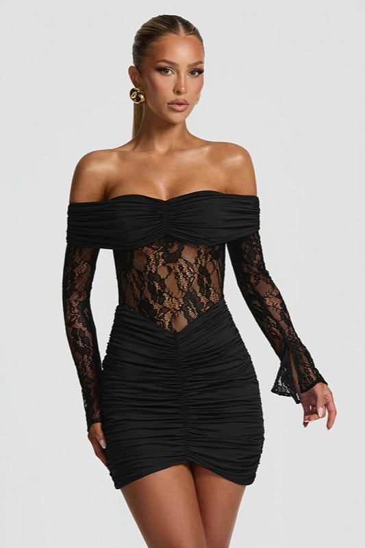 Open Shoulder Lace Trim Bodycon Mini Lace Dress