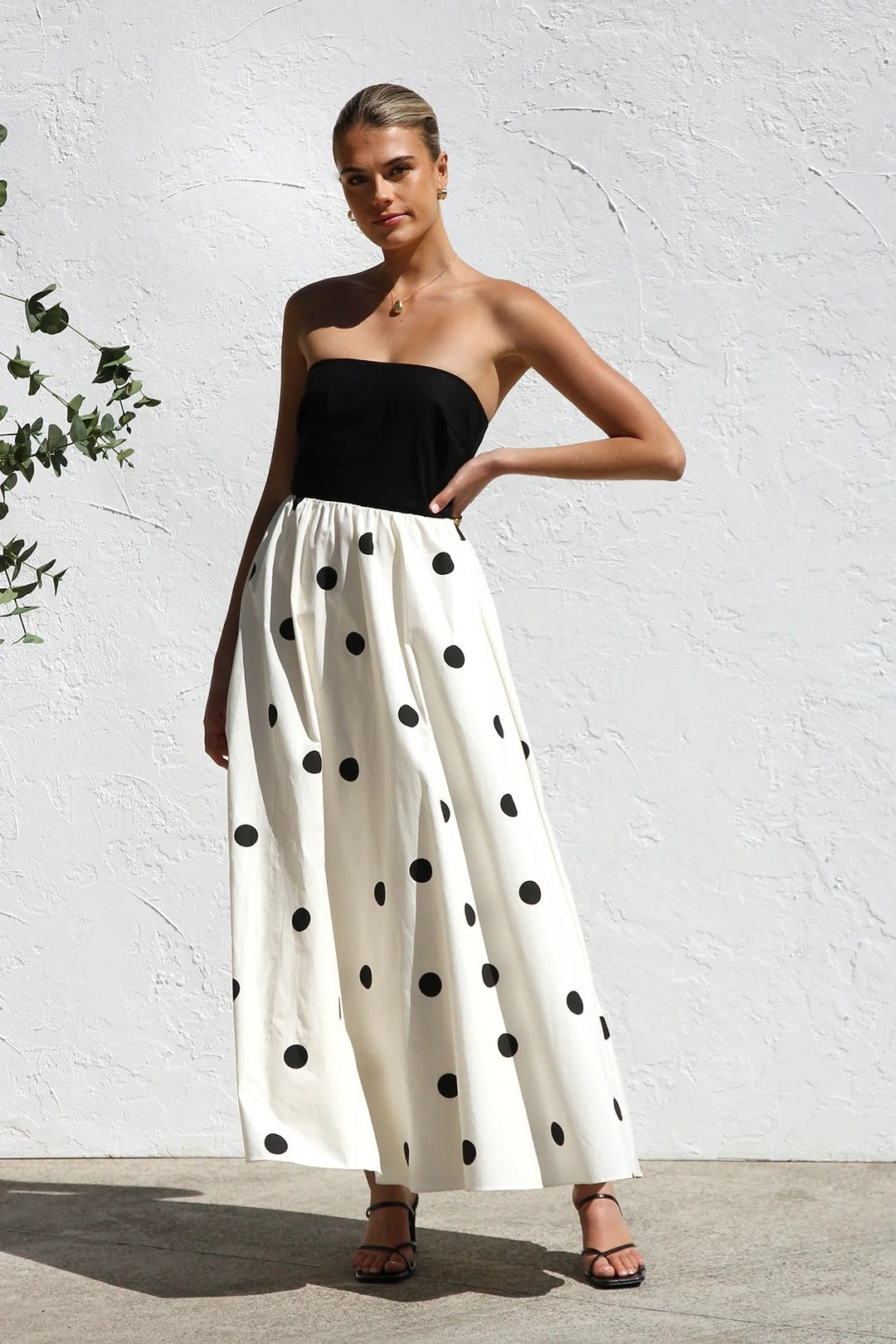 Polka Edition Dot Print Strapless ALine Maxi Dress