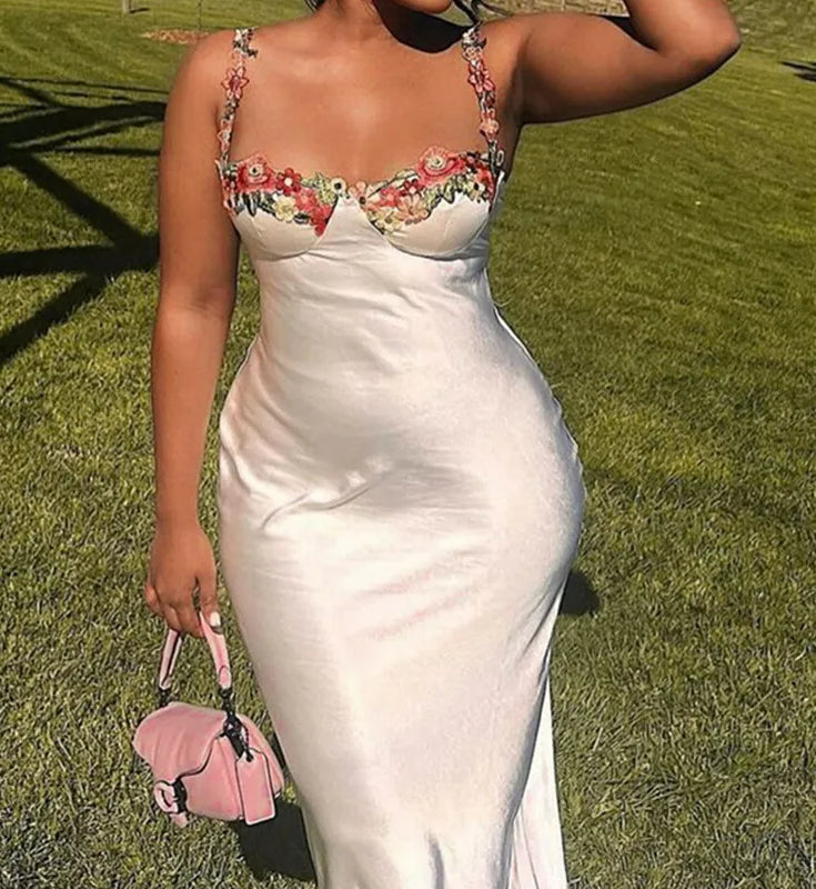 Satin Spaghetti Strap Floral Embroidered Bodycon Midi Dress