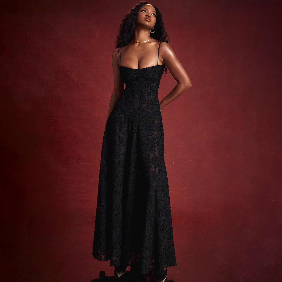 Textured Lace Cami Corset Seam Drop Waist Maxi Dress 3