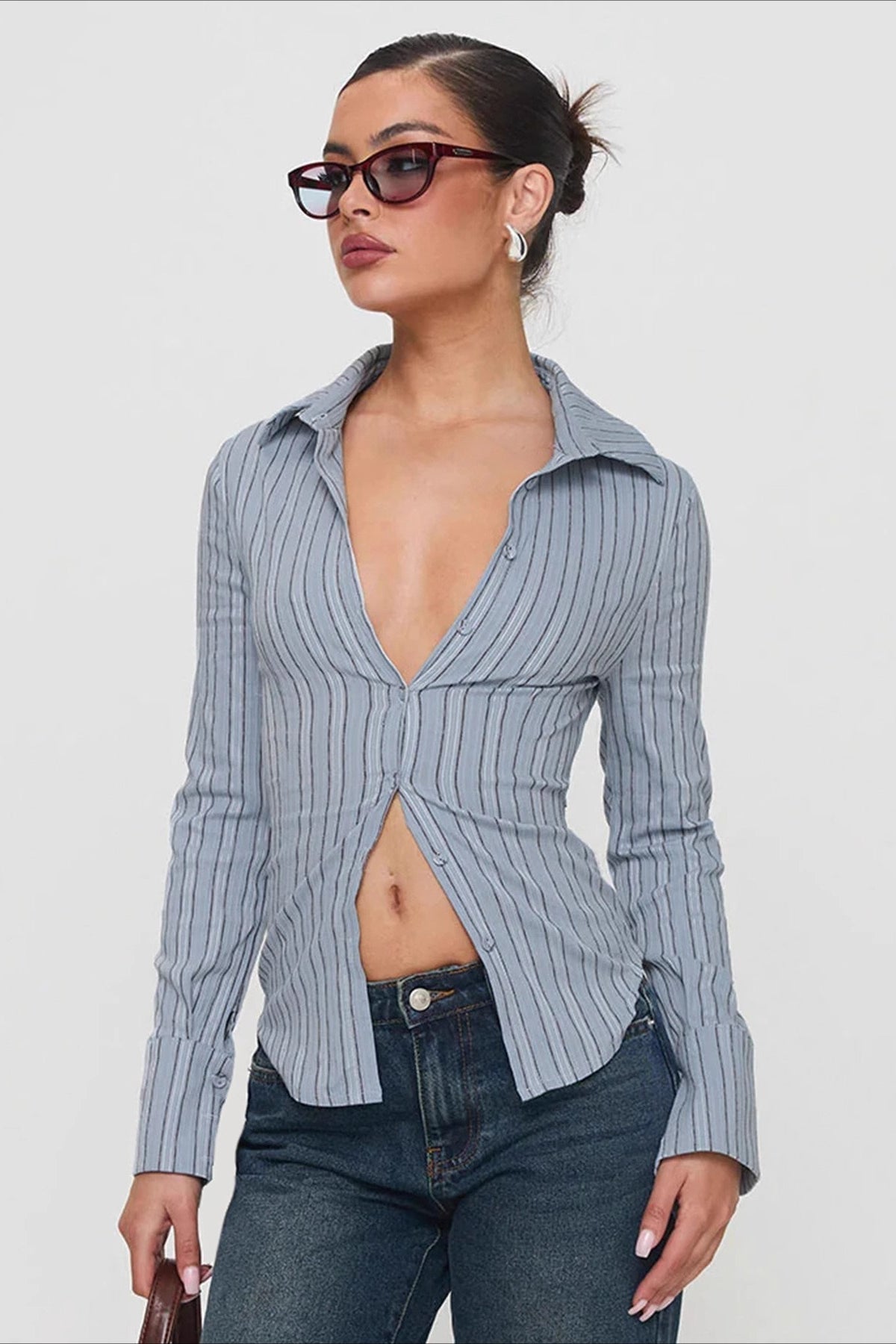 Striped Darted Collared Long Sleeve Top