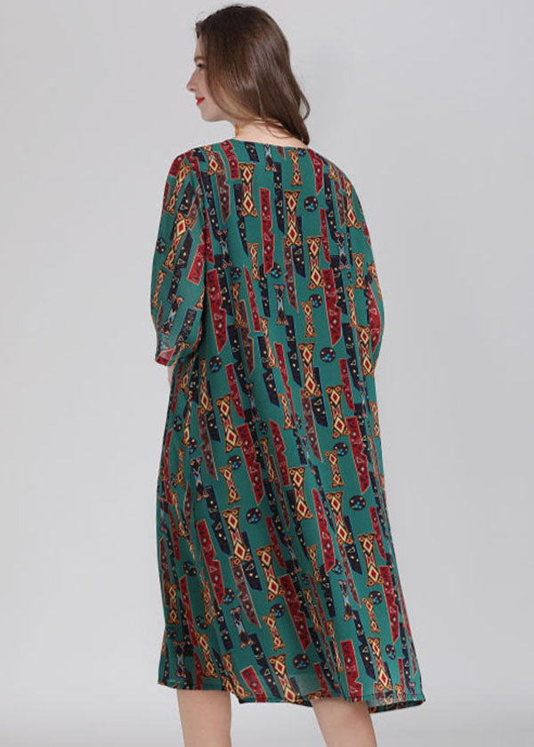 Geometric Tribal Print Round Neck Three Quarter Sleeve A-Line Shift Midi Dress