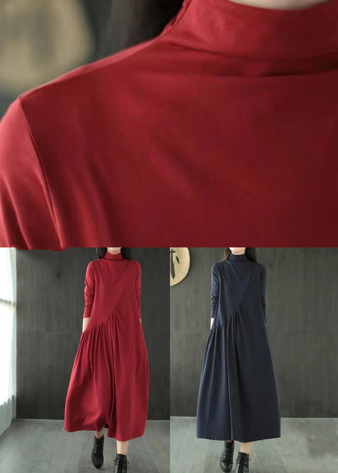 Mock Neck Long Sleeve Diagonal Seam Pleated Pocket A-Line Maxi Dress
