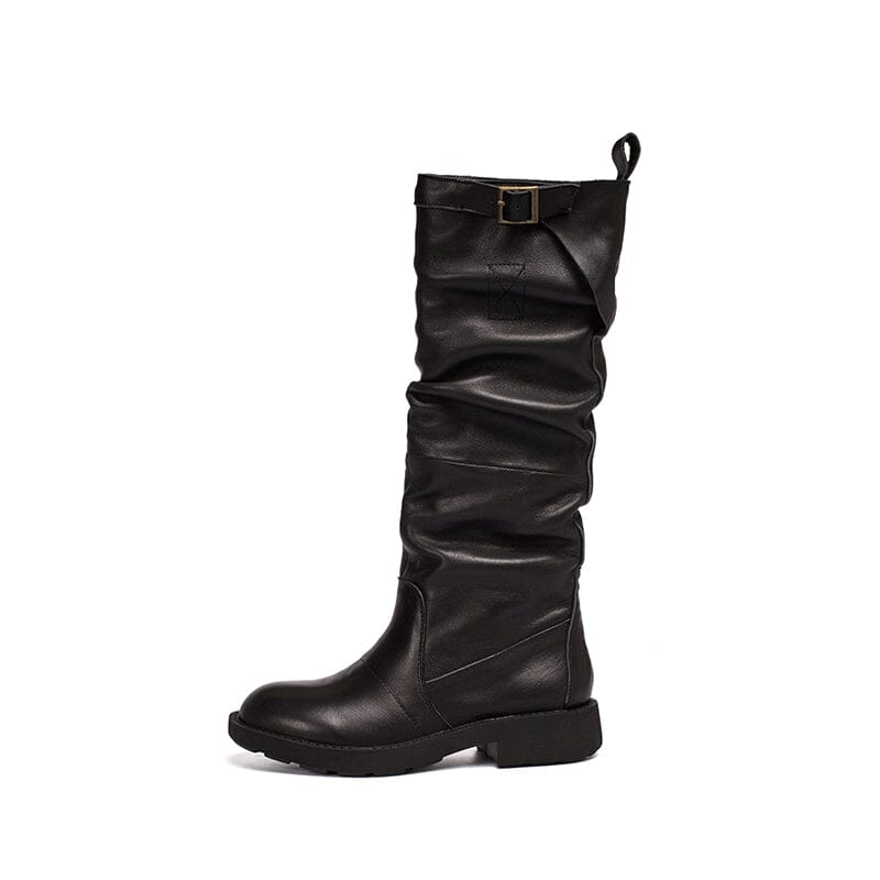 Waxing��Leather Knee High Boots Fold Design Riding Boots Buckle Boots in Black/Brown