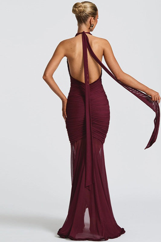Halter Neck Deep V-Neck Ruched Ruffle Mermaid Maxi Gown