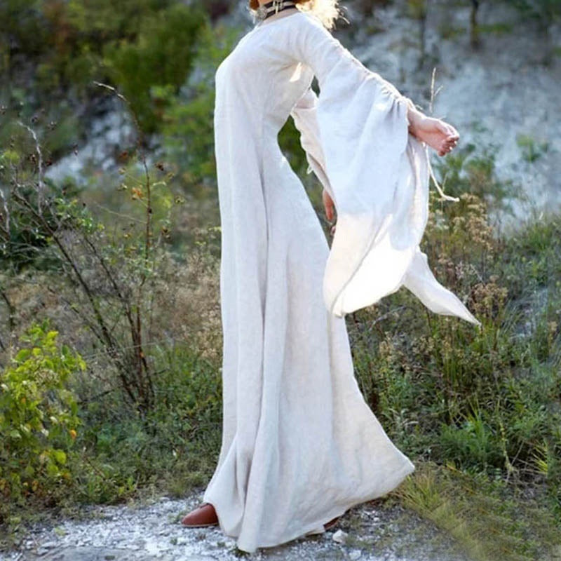 Bell Sleeve Scoop Neck Flowy Linen Look Maxi Dress