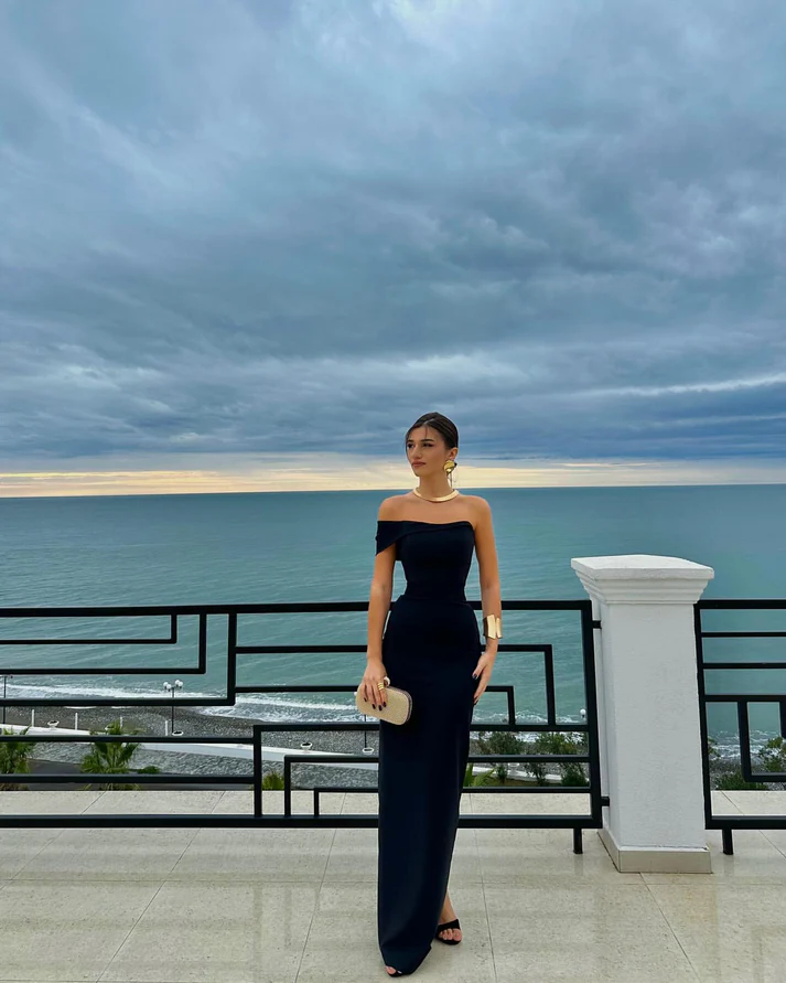 Elegant One Shoulder Sheath Prom Dress Black Satin Long Party Evening Gown cc1482