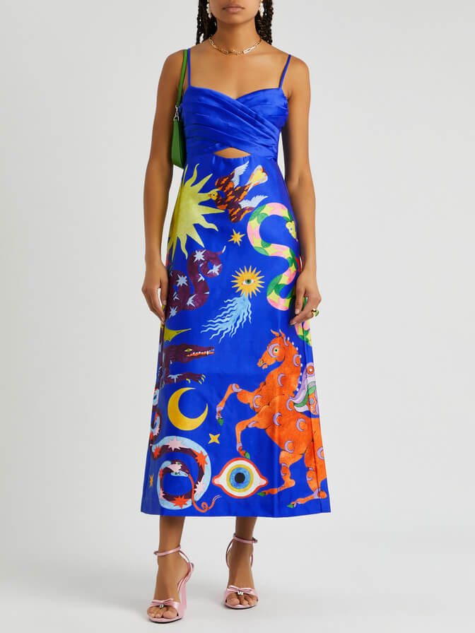 Celestial Print Satin Spaghetti Strap Cross Front Cut Out Midi Dress 3