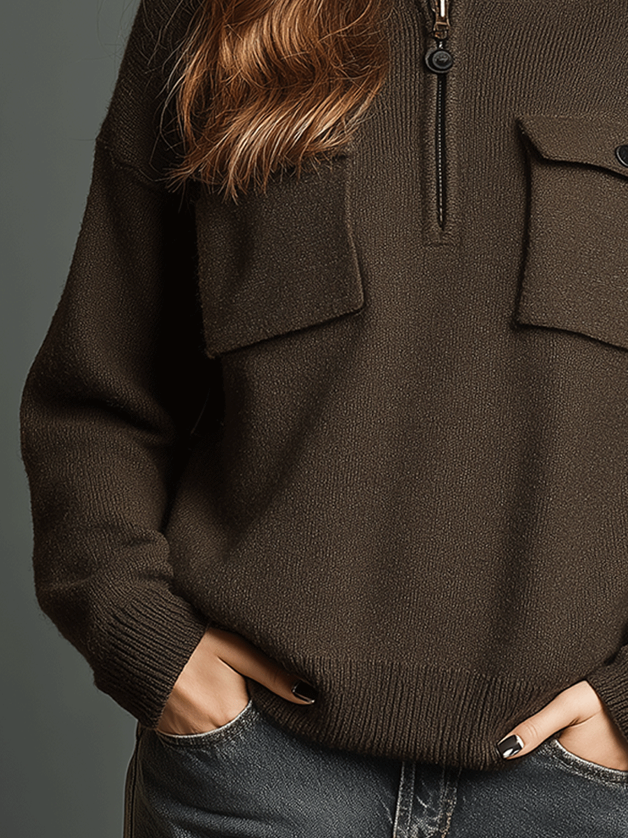 Casual And Comfortable Dark Brown Knitted Half-Zip Sweater