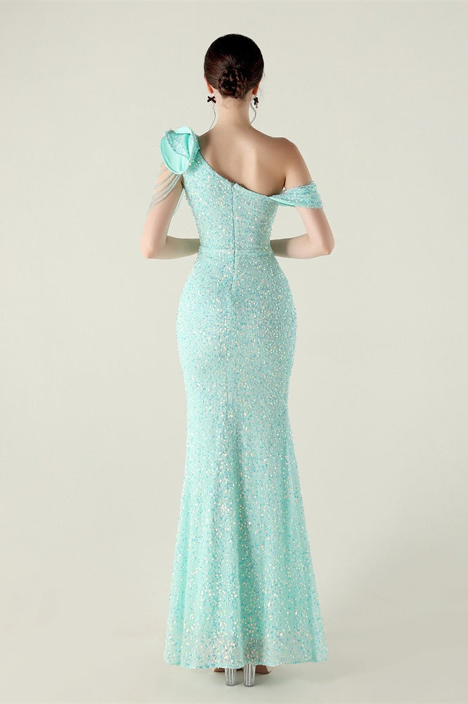 Sequin One Shoulder Ruffle High Split Mermaid Gown