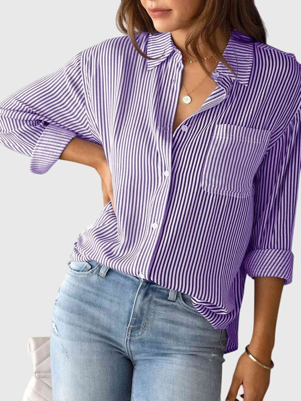 Striped Collared Three Quarter Sleeve Button Front Shirt
