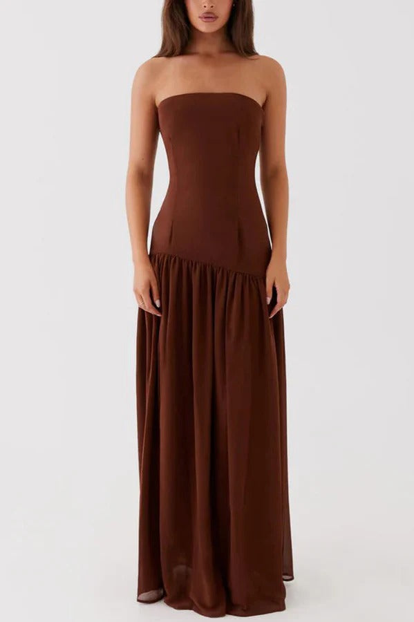 Lizzy Exclusive Strapless Semi Sheer Patchwork Chiffon Maxi Dress Statement Occasion Edit